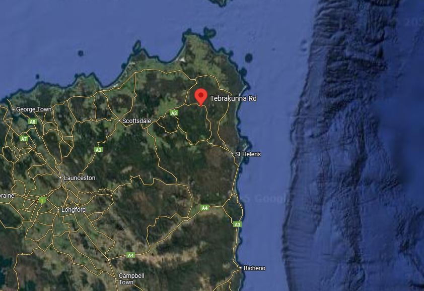 A Google Maps screenshot of north-eastern Tasmania with Tebrakunna Rd pinpointed