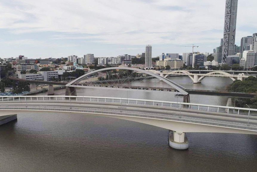 Drone aerial photo of Go-Between bridge, railway bridge, Grey Street Bridge along the Brisbane river and city skyline
