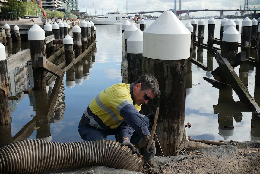 Phil Ryan uses a giant hose to suck up rubbish at Docklands, with the Yarra River and Bolte Bridge in the background