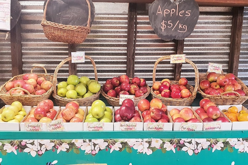 Apples on display at a road side fruit stall