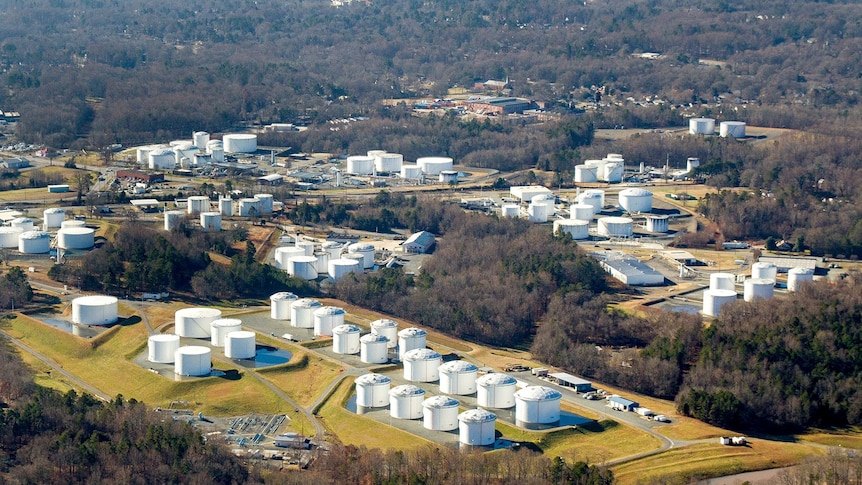 Holding tanks are seen at Colonial Pipeline's Charlotte Tank Farm in Charlotte, North Carolina.