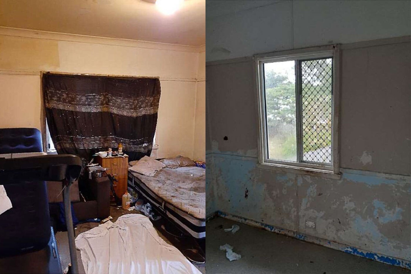 two photos of a filthy bedroom