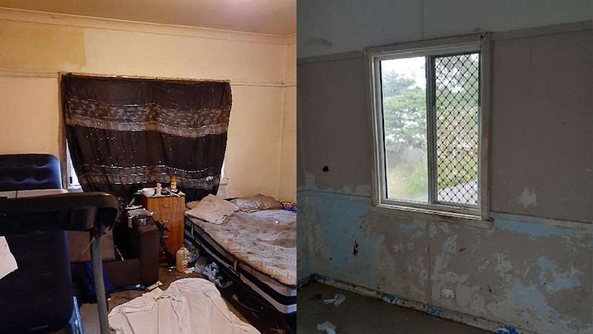 two photos of a filthy bedroom