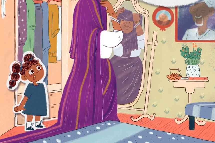 An illustration from the book Haboba's House feauturing a woman adjusting her headscarf as a little girls watches