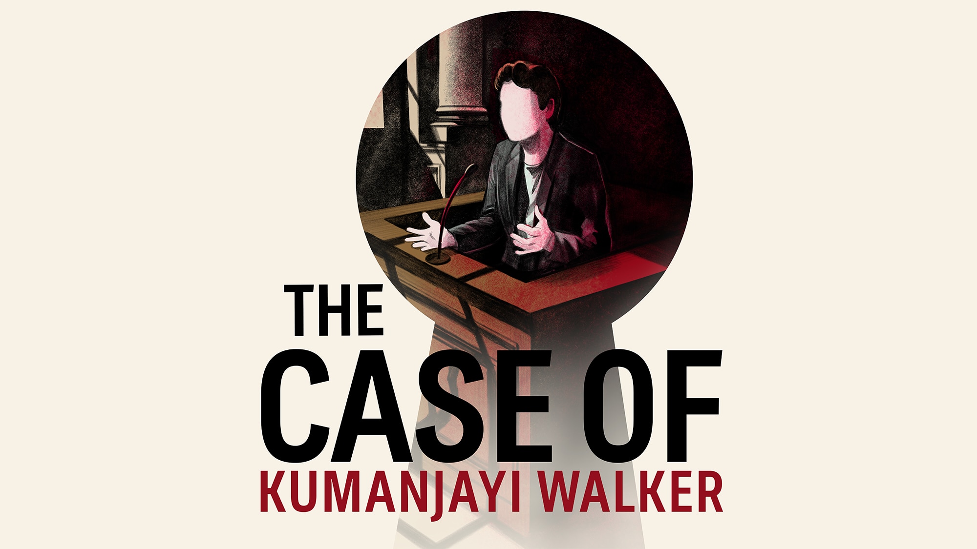 The Case of Kumanjayi Walker. An illustrated figure in a courtroom, speaking into a microphone.