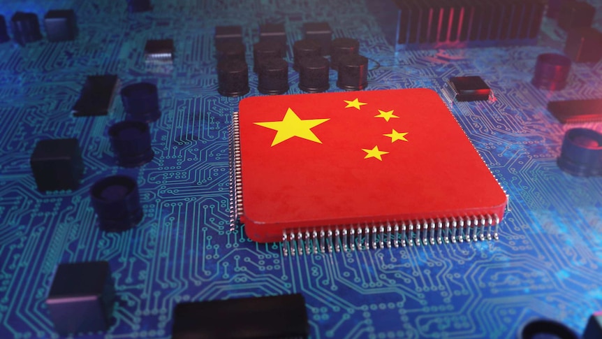 Computer chip with Chinese flag, 3d conceptual illustration.