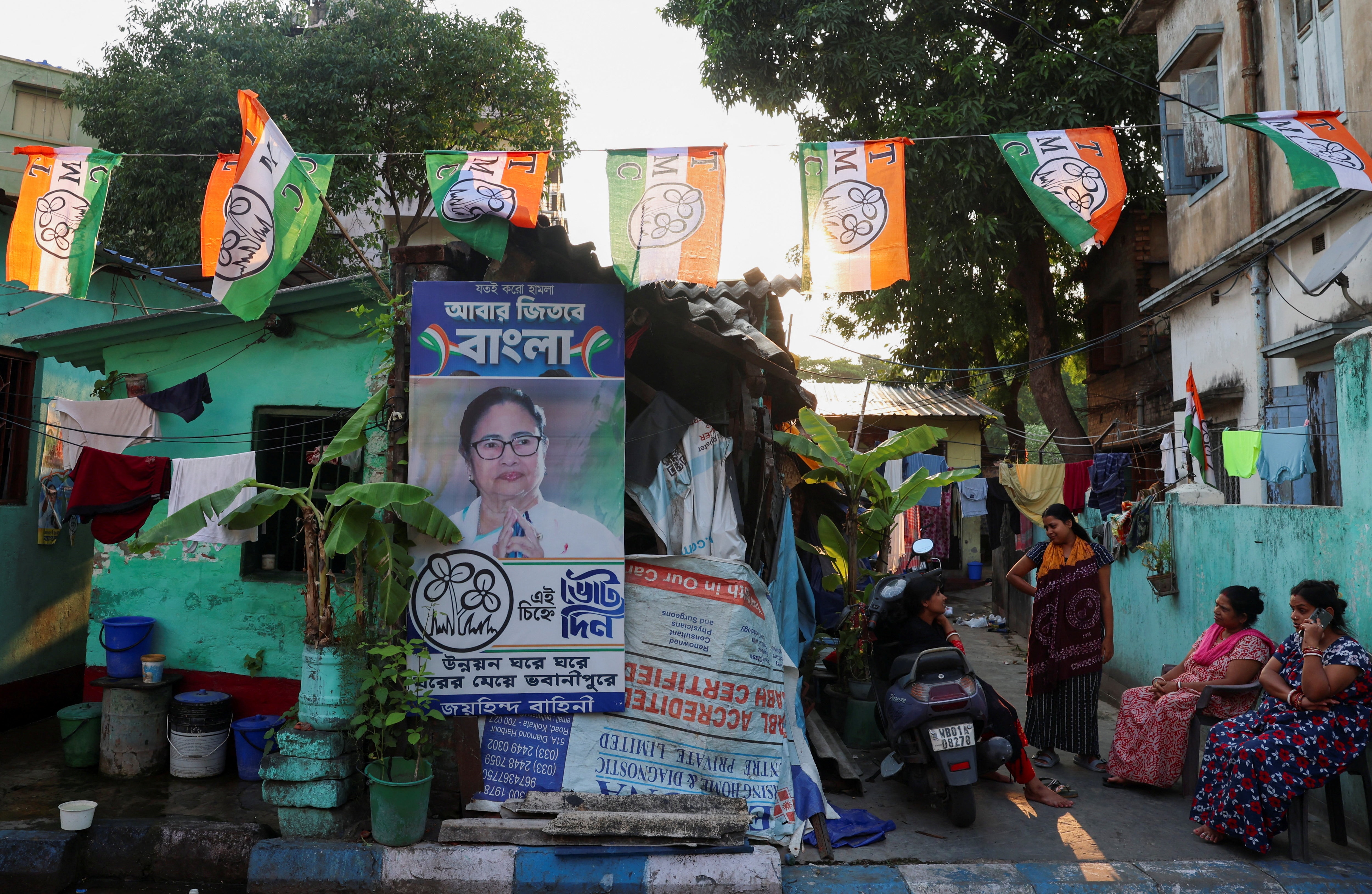 A TMC election campaign sign along a street leading towards the residence of West Bengal Chief Minister Mamata