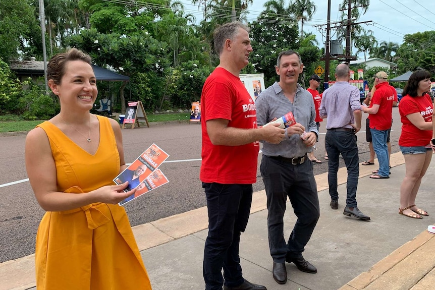 Opposition leader Lia Finocchiaro, Labor candidate Joel Bowden and Chief Minister Michael Gunner pitch to voters