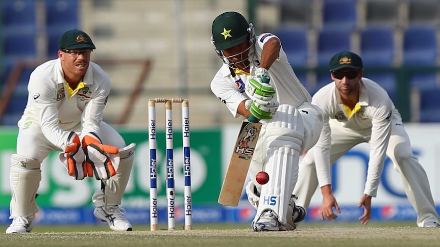 Younis Khan blocks the ball against Australia