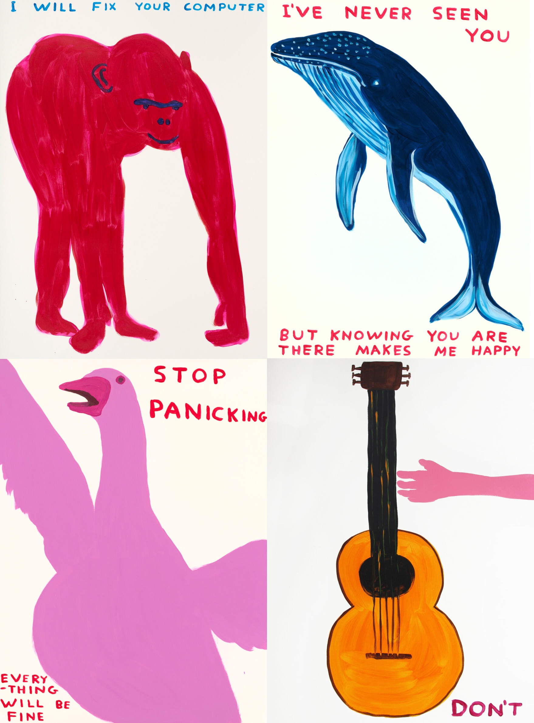 Simple paintings of animals and objects with text