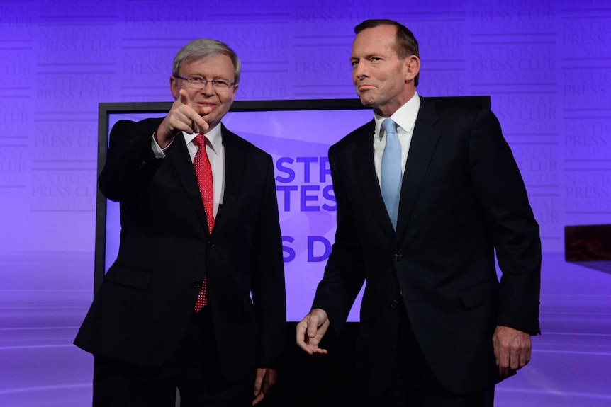 Kevin Rudd and Tony Abbott at the leaders' debate in Canberra