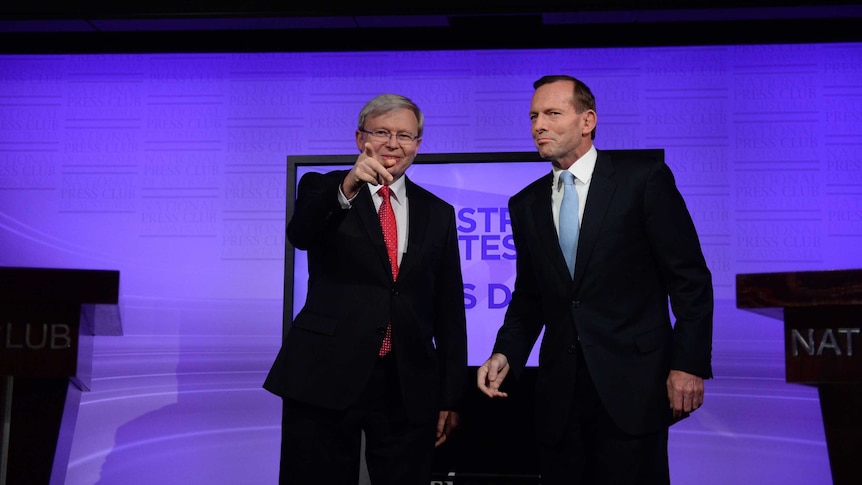Kevin Rudd and Tony Abbott at the leaders' debate in Canberra
