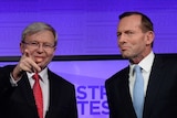 Kevin Rudd and Tony Abbott shake hands before leaders' debate
