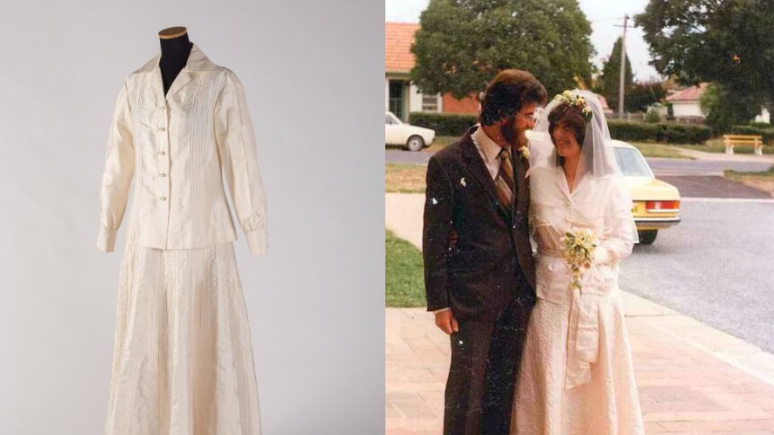 Dress and photo from Rosamund Dalziell's wedding, 1980.