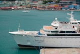 A large white cruise ship docked in the water at St Lucia.
