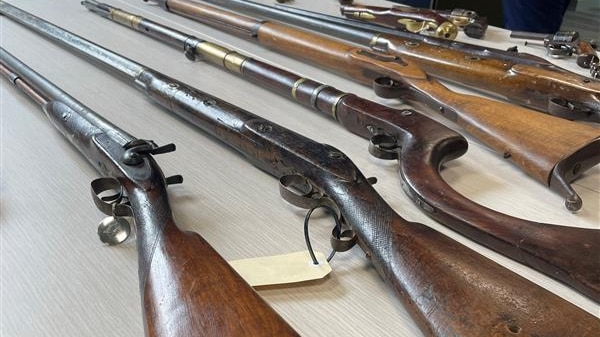 Antique firearms displayed on a table.