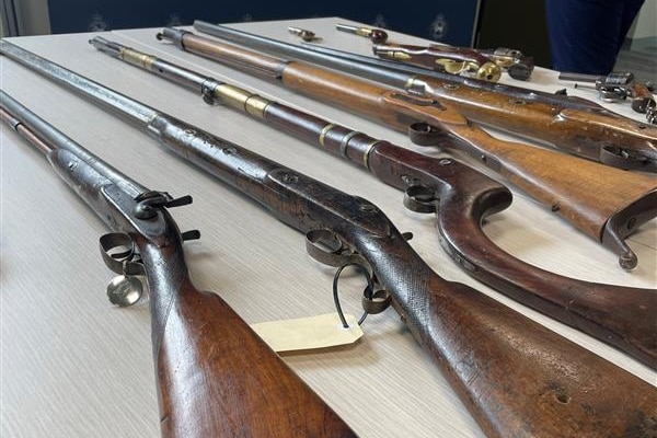 Antique firearms displayed on a table.