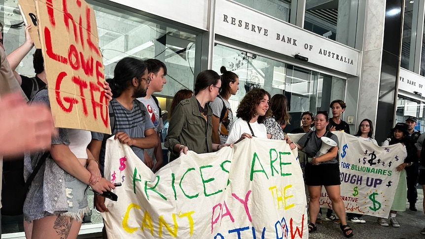 Protesters gathered outside the Reserve Bank of Australia in Martin Place, Sydney.