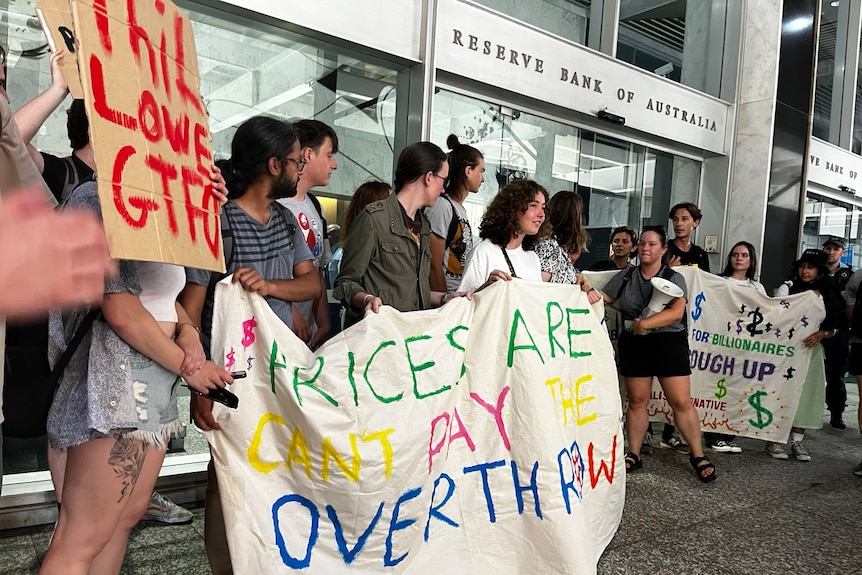 Protesters gathered outside the Reserve Bank of Australia in Martin Place, Sydney.