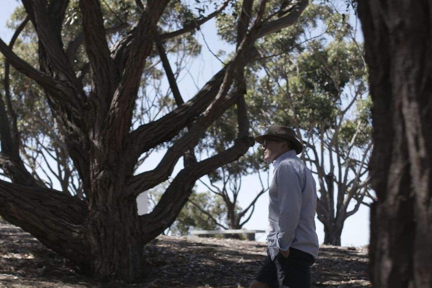 Artist Bruce Munro walking among the trees at Mount Clarence in Albany.