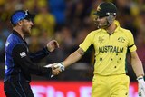 Australia's Michael Clarke shakes hands with NZ's Brendon McCullum in his last ODI game.