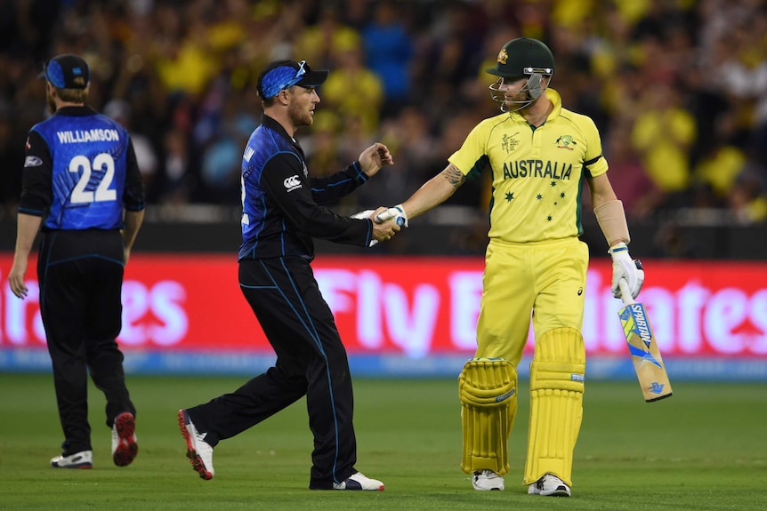 Australia's Michael Clarke shakes hands with NZ's Brendon McCullum in his last ODI game.