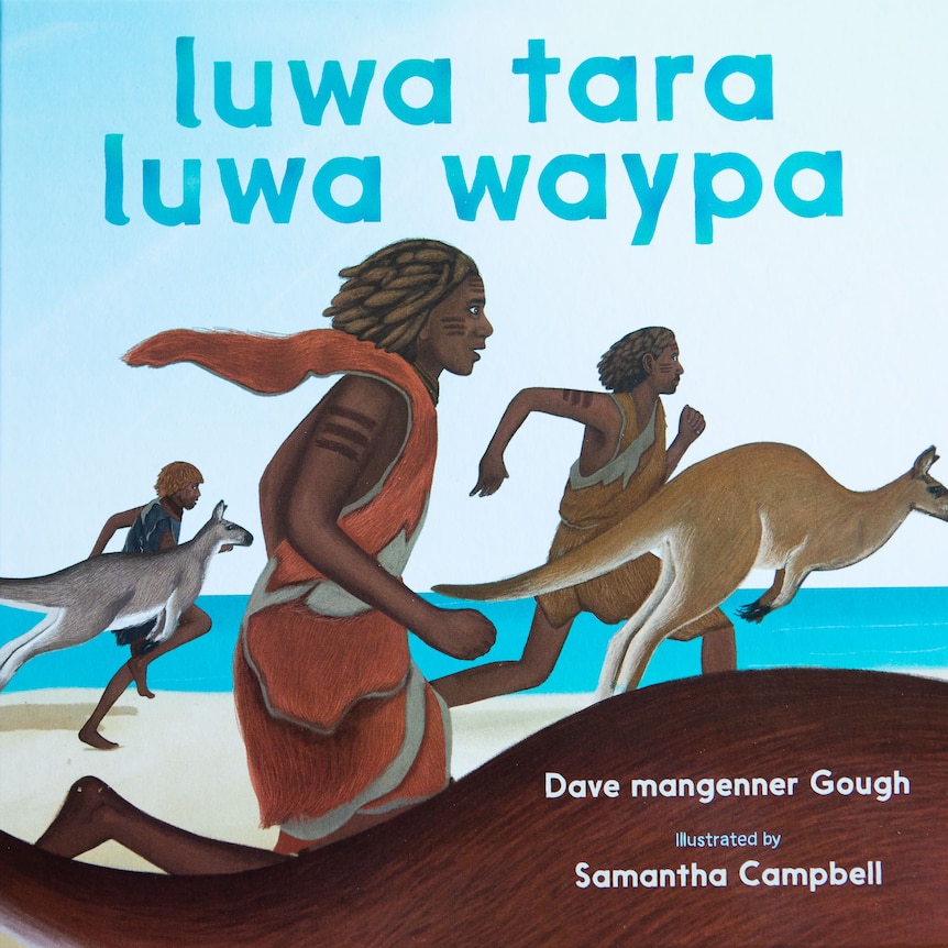 A book cover with Aboriginal Tasmanians and kangaroos running together