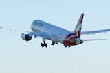 A qantas plane taking off into a clear blue sky with a city skyline at the bottom in the distance