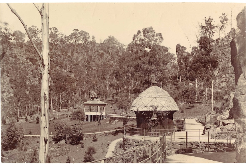 Historical photo of Cataract Gorge rotunda being built in the 1800s