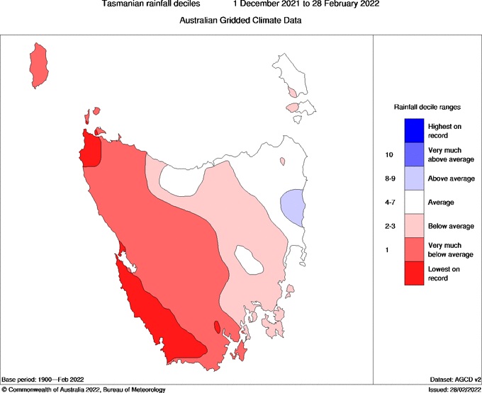 Graph showing rainfall totals across Tasmania summer 2021 to 2022