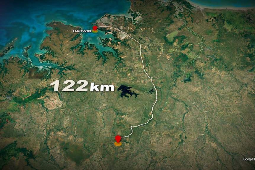 A map showing Darwin in the NT, and a point about 122km south of Darwin which is the location of a program for troubled kids