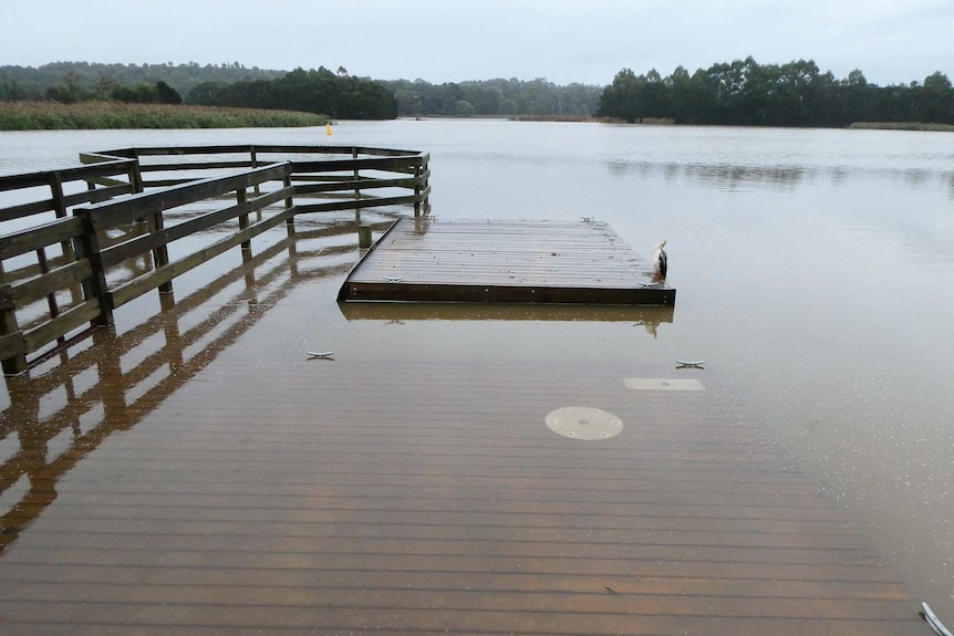 A lake with a flooded boardwalk.