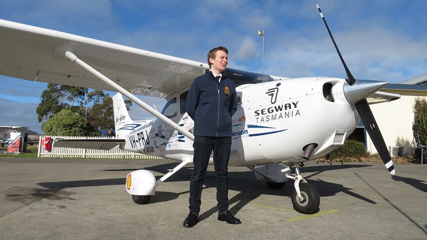 Oliver O'Halloran with Cessna 172 prior to take-off on solo flight attempt.