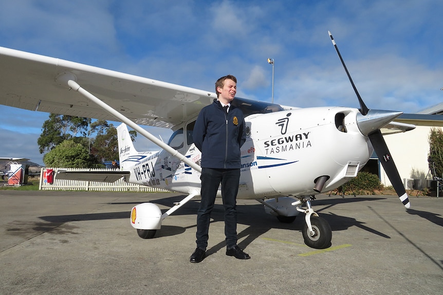 Oliver O'Halloran with Cessna 172 prior to take-off on solo flight attempt.