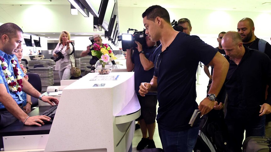 Jarryd Hayne at Sydney Airport before flying to the US to begin his attempt to crack the NFL.