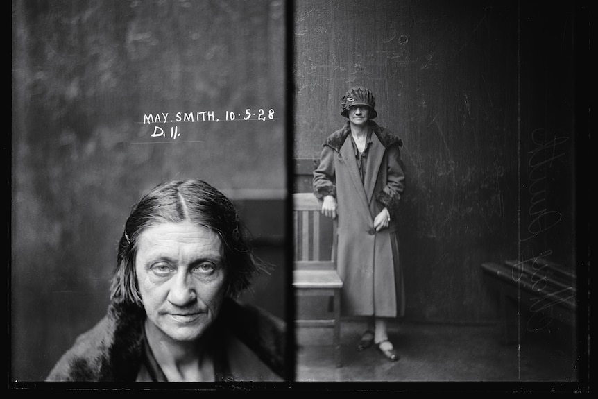 Side by side 1928 black and white mug shots of May Smith. Close up of May's face and May, with hat, leaning on a chair.