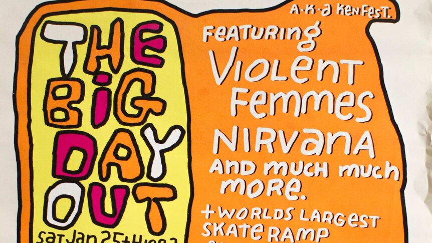 A hand-drawn poster advertising the first Big Day Out festival. Violent Femmes and Nirvana are on the line-up.