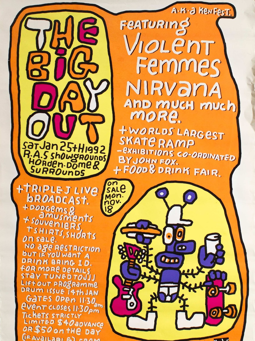 A hand-drawn poster advertising the first Big Day Out festival. Violent Femmes and Nirvana are on the line-up.