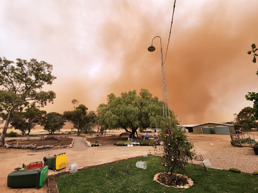 A dust storm sweeps over a house and shed.
