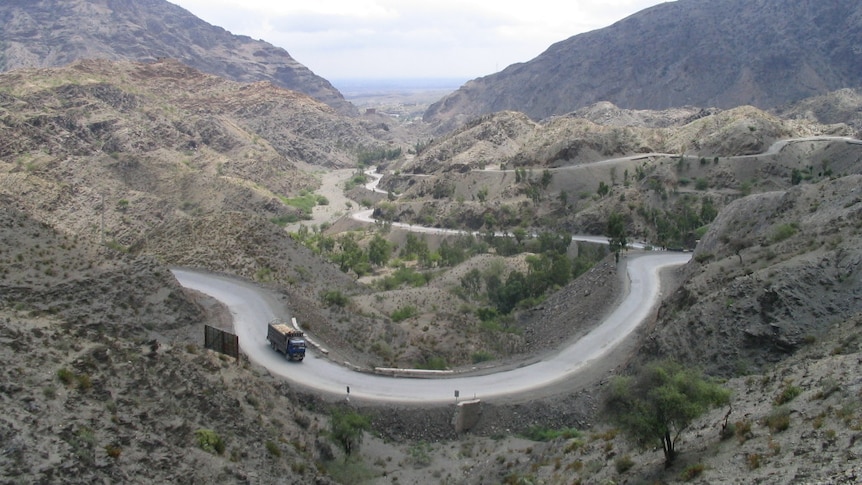 A landscape view of the site where the Khyber Pass, Pakistan, climbs high into the mountains.