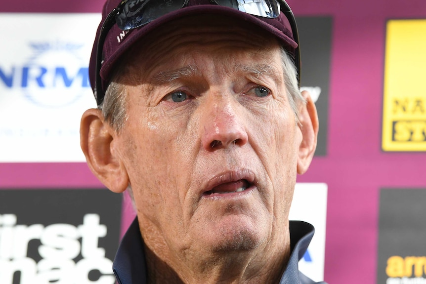 Wayne Bennett speaking at a Broncos media conference.