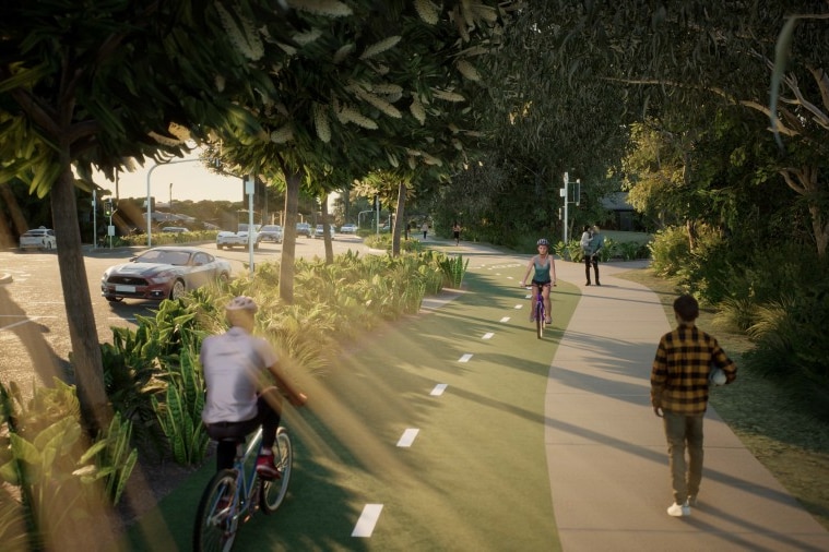 image of road and path with cyclists and walkers