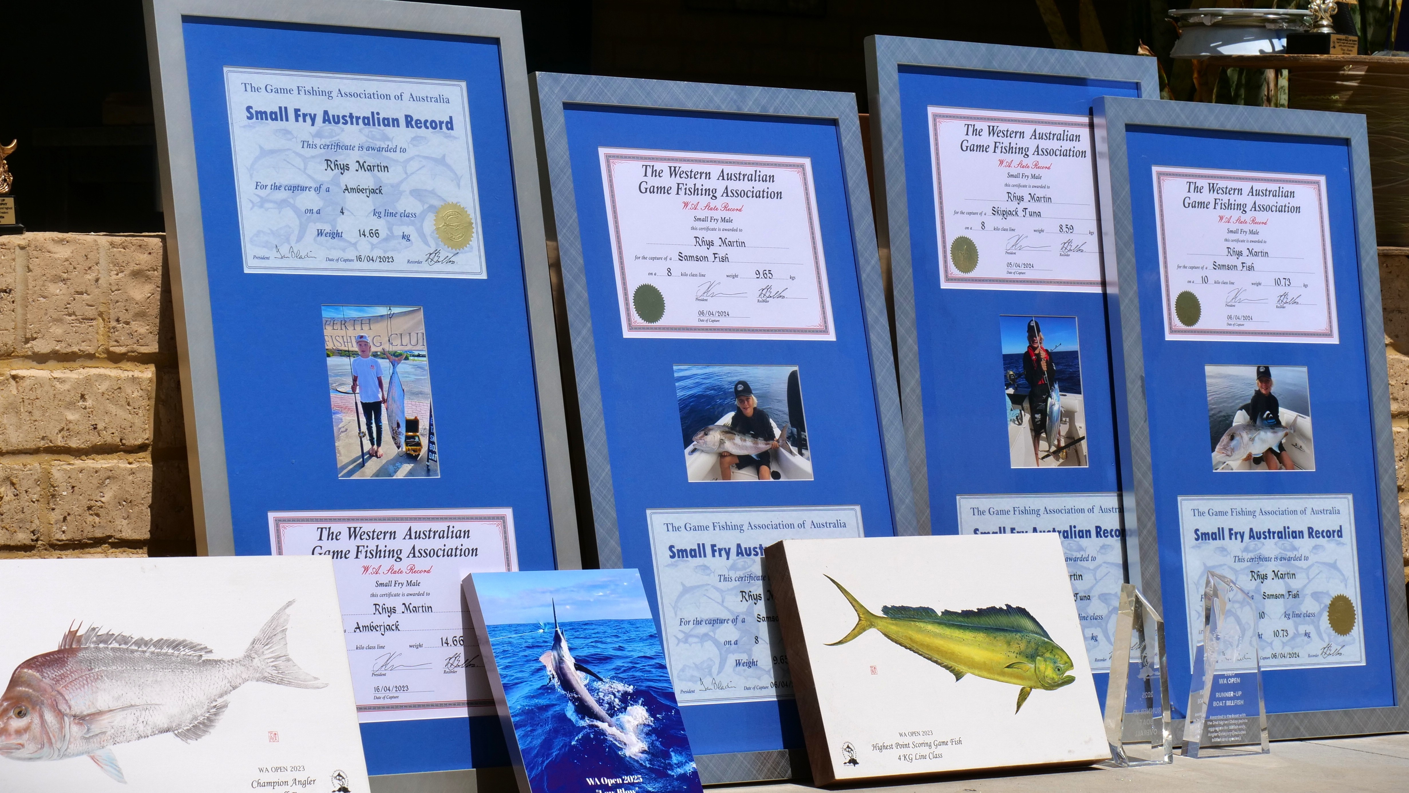 Cuatro premios enmarcados, dos trofeos de cristal y algunas fotografías de peces apoyados contra una pared exterior.