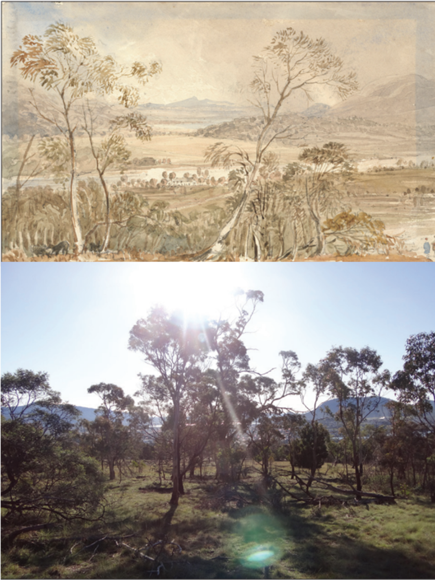 Landscape painting and photo of the same landscape 