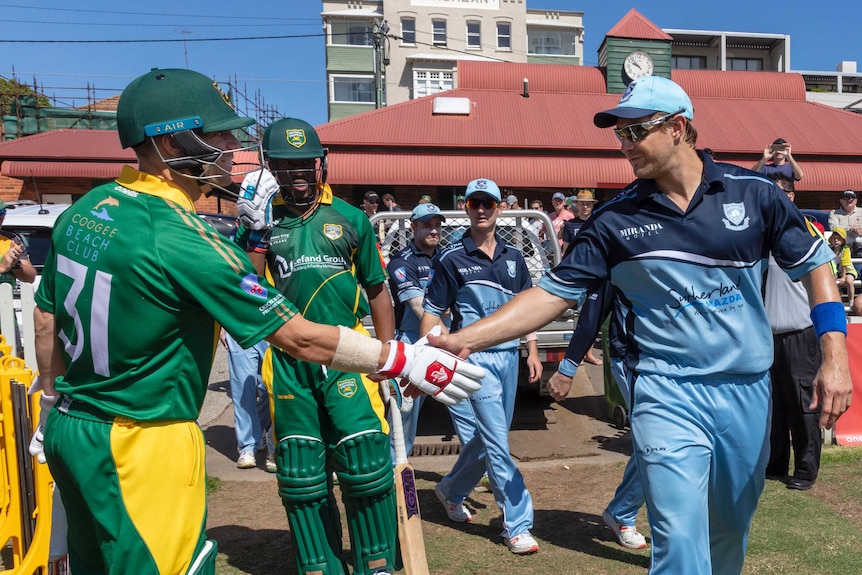 David Warner shakes hands with Shane Watson at the New South Wales grade cricket match at Coogee Oval.