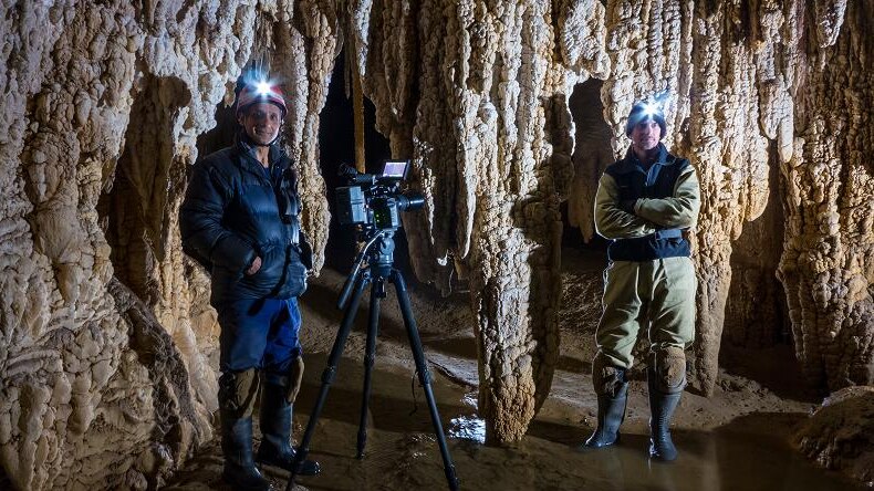 Joe Shemesh and Doug Thost on location underground for the filming of Sixteen Legs.