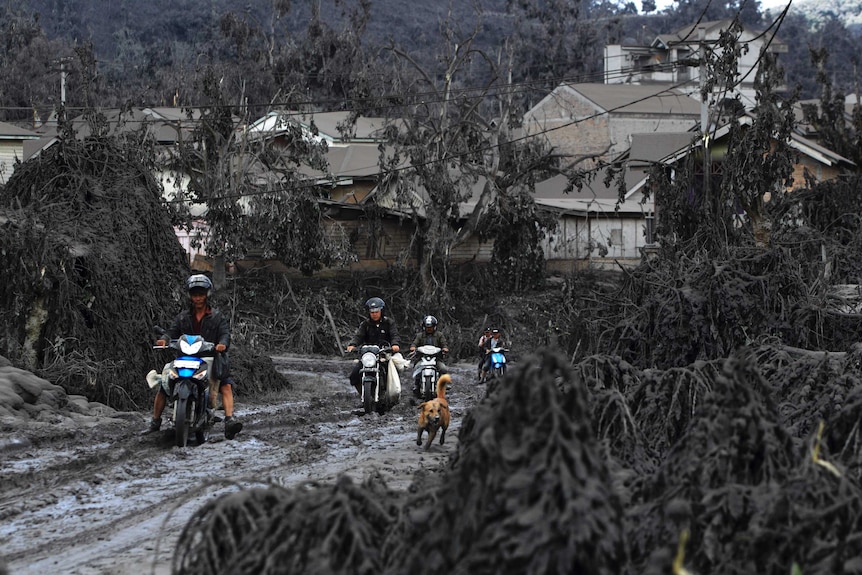 Villagers ride through mud and ash after fleeing Indonesia volcano