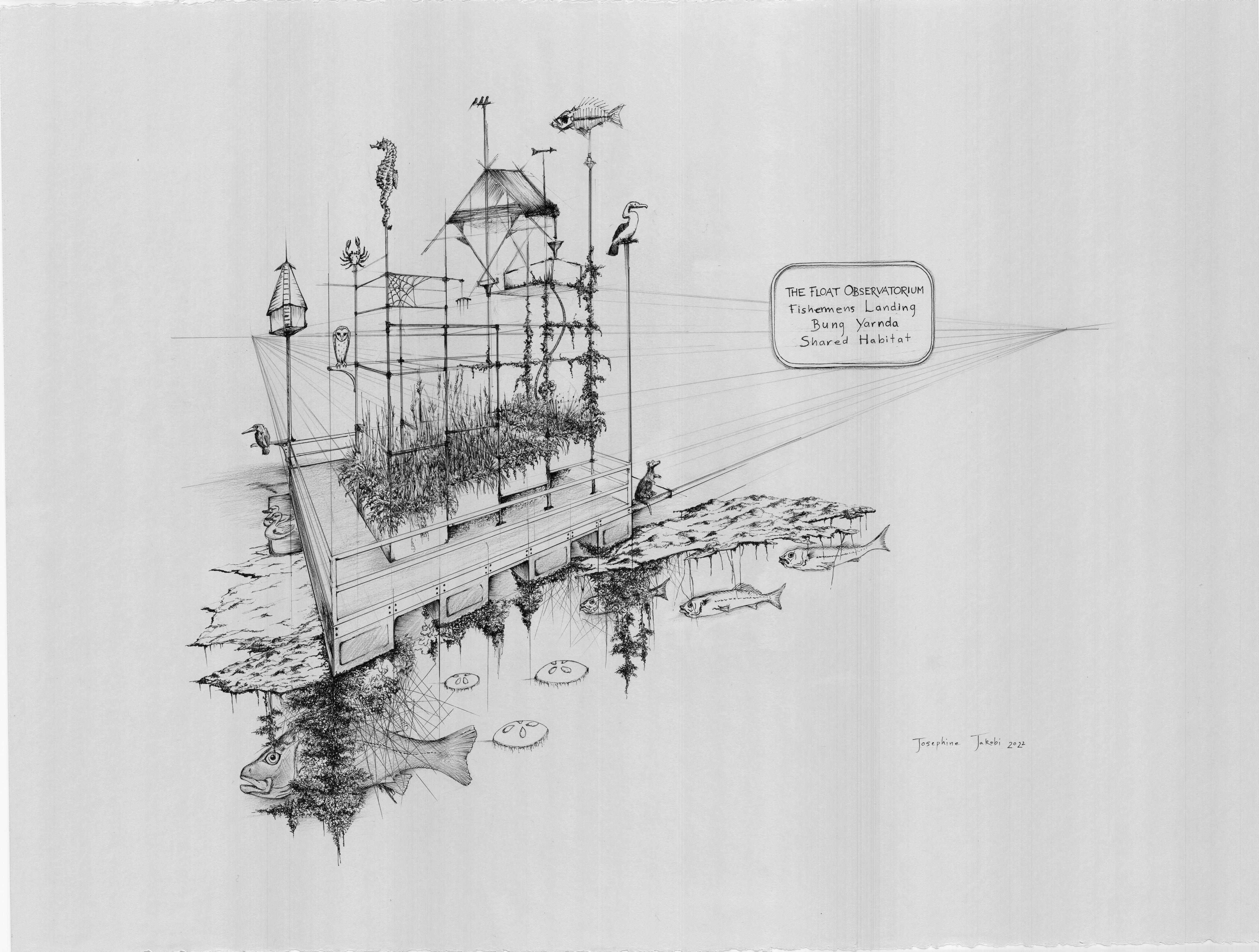 Sketch of water pontoon with protruding scafolding and marine sculpture totems.