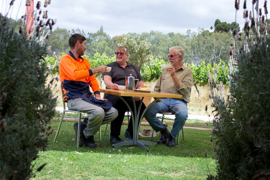 Jenny Semmler, Eric Semmler and Dale Bewley, left, sit at a table with vineyard in background.