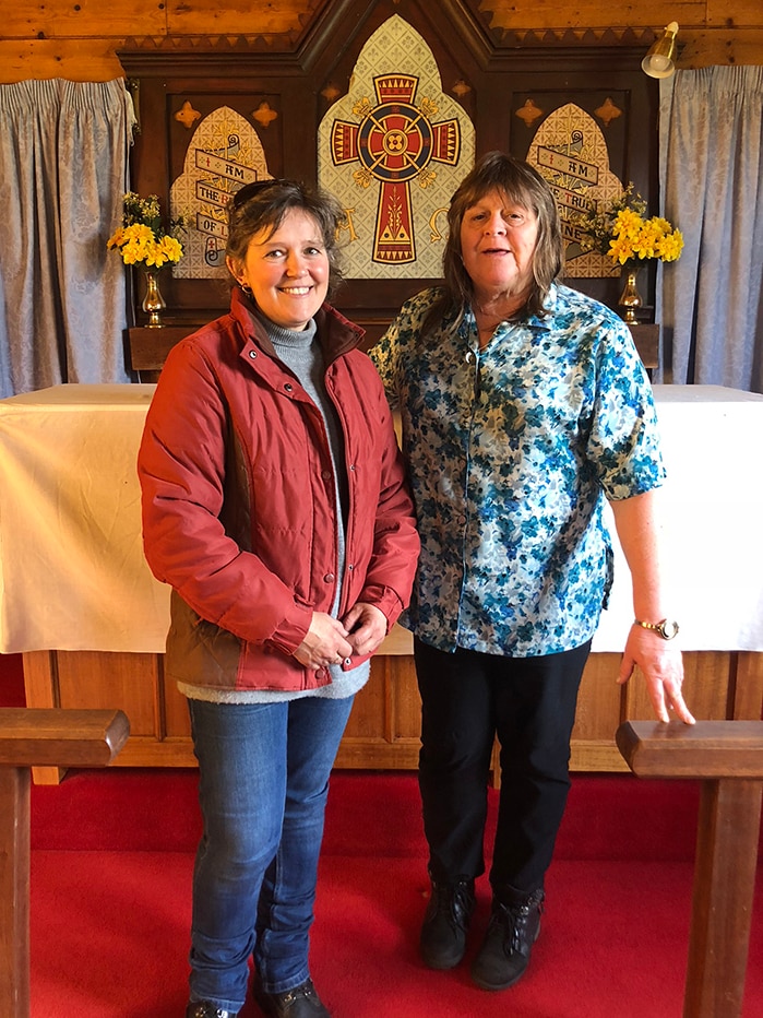 Jo Tate and Carol LeFevre at St Michaels and All Angels Church, Pyengana, Tasmania.